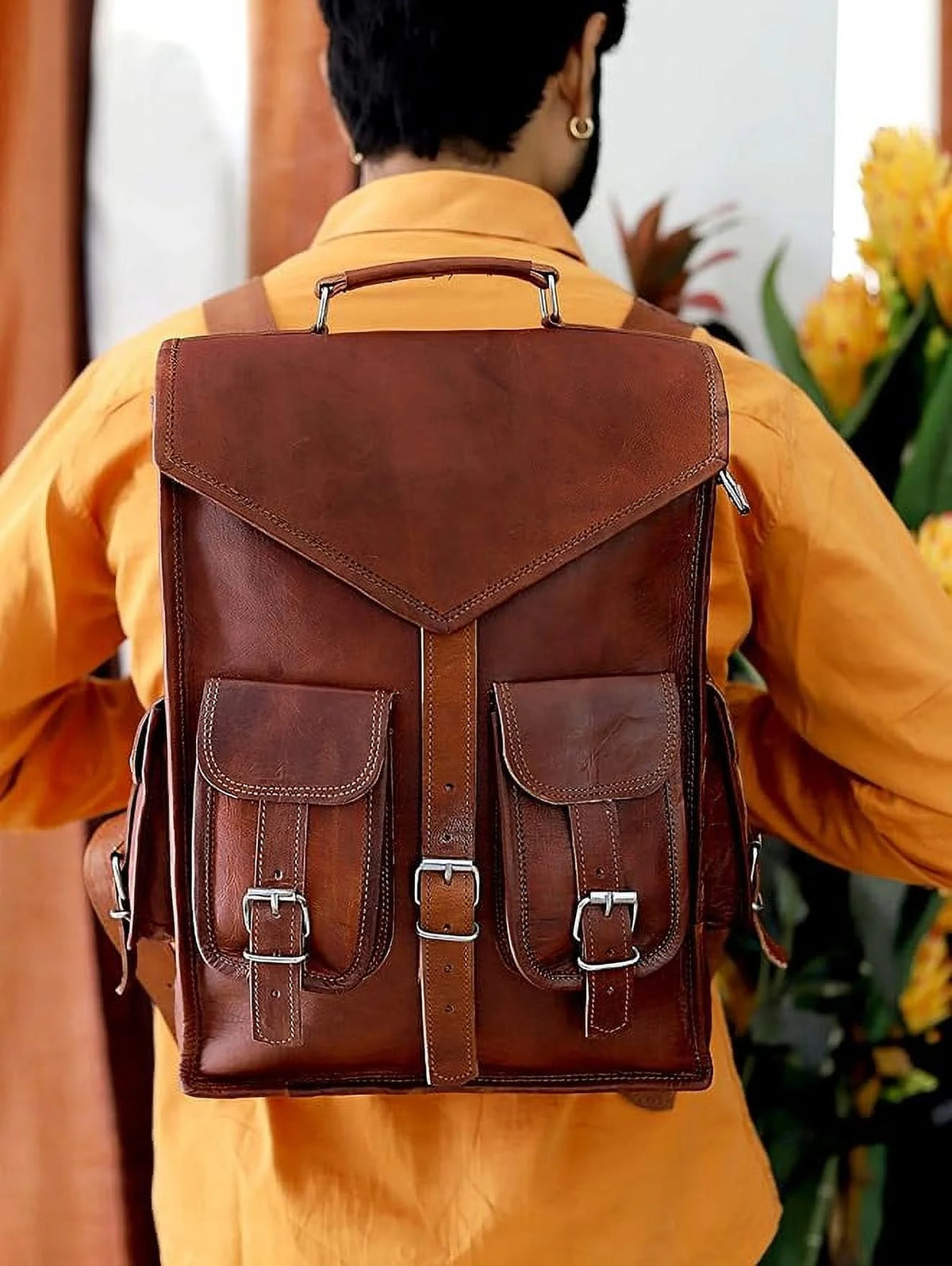 Vintage Leather Backpack Laptop Messenger Bag Rucksack Sling for Men Women, Brown, Size- 15"(H) X 5"(W) X 11"(L)