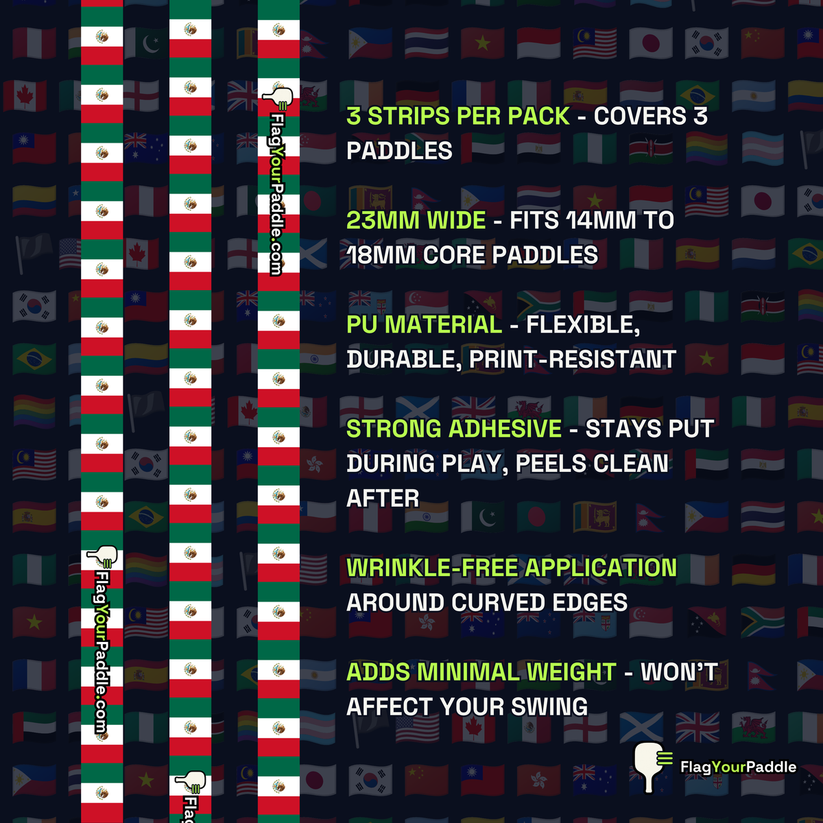 Mexico Flag Pickleball Edge Guard Tape — 3 Pack