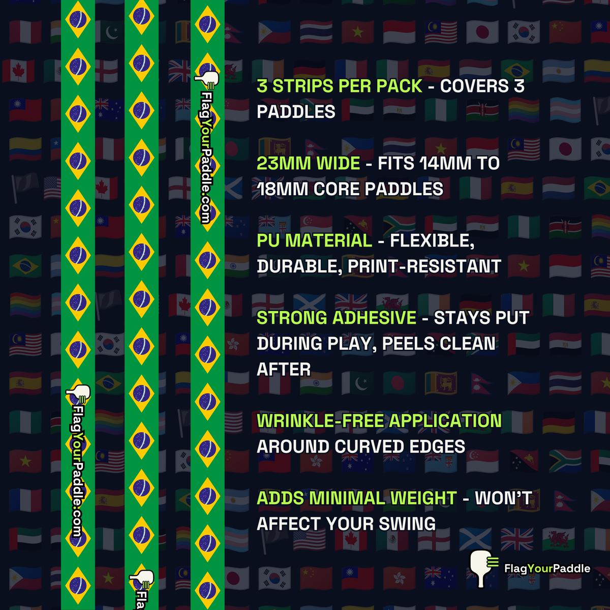 Brazil Flag Pickleball Edge Guard Tape — 3 Pack