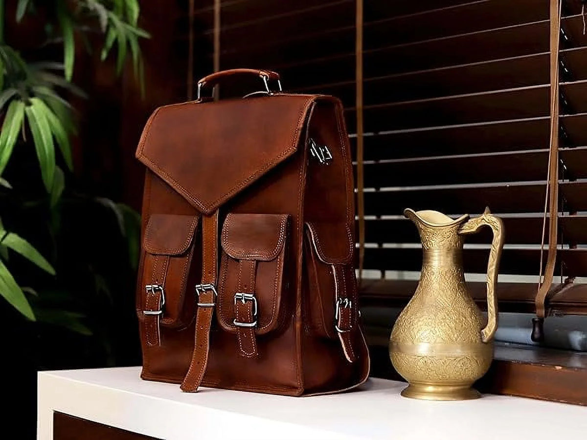 Vintage Leather Backpack Laptop Messenger Bag Rucksack Sling for Men Women, Brown, Size- 15"(H) X 5"(W) X 11"(L)